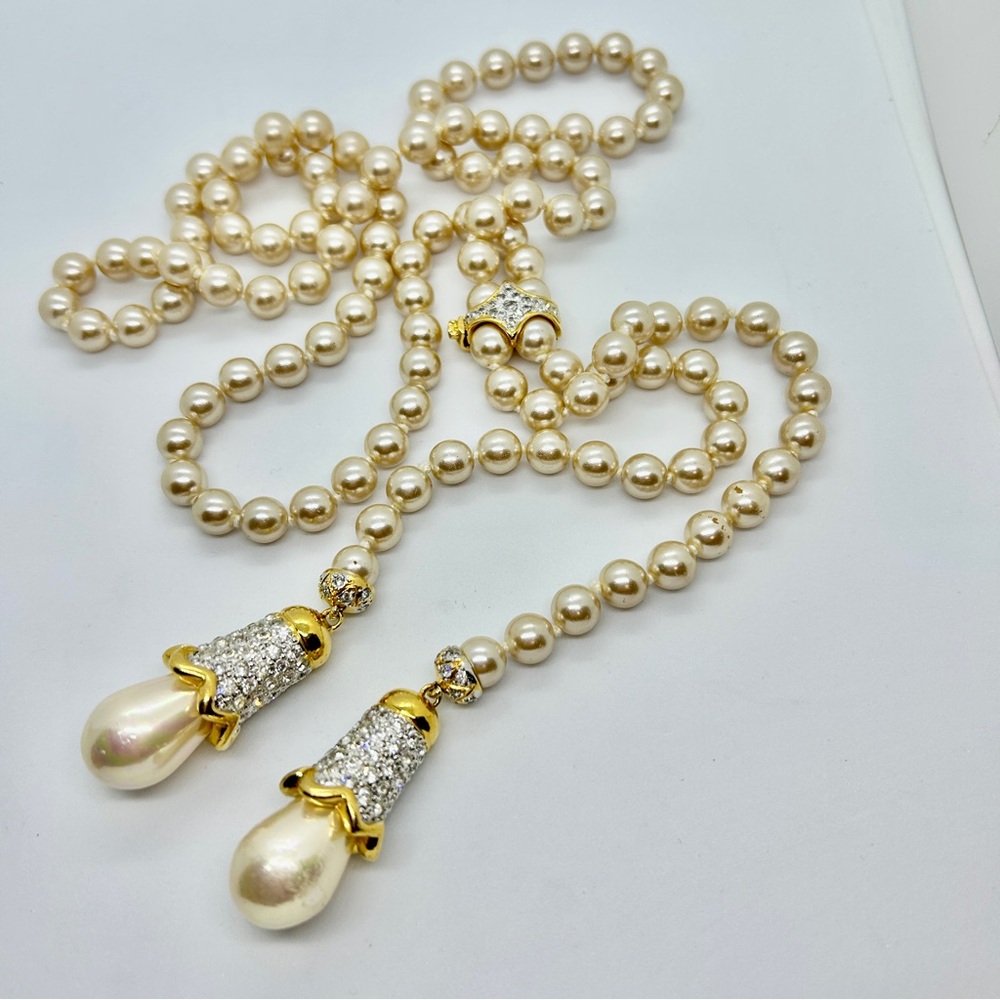 Vintage Replica Xtra long Faux Pearl Gold Rhinestone Lariat 45” Necklace
